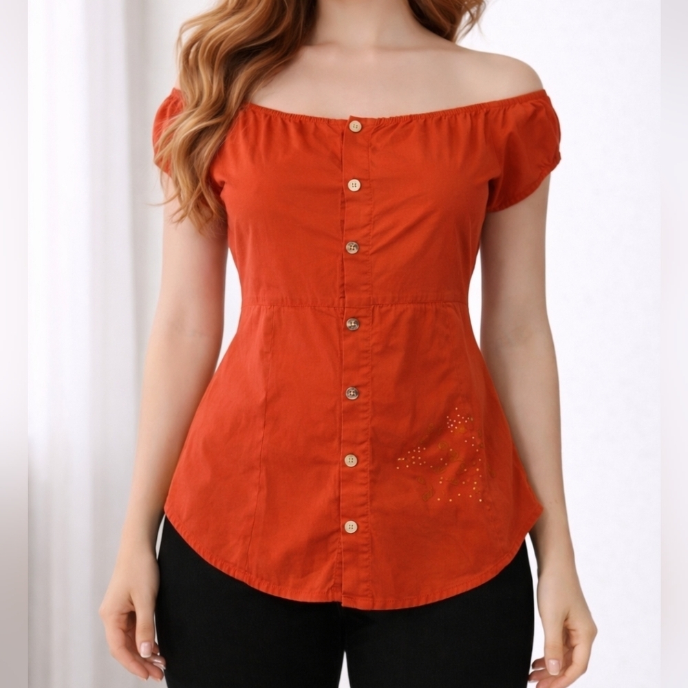VTG APPLE BOTTOMS Coral Button Down Off Shoulder Babydoll Blouse XL